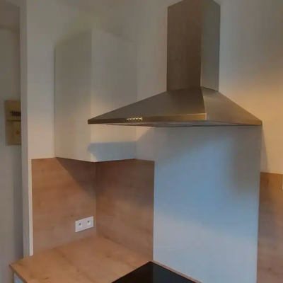 Petite cuisine moderne avec plaque et hotte inox