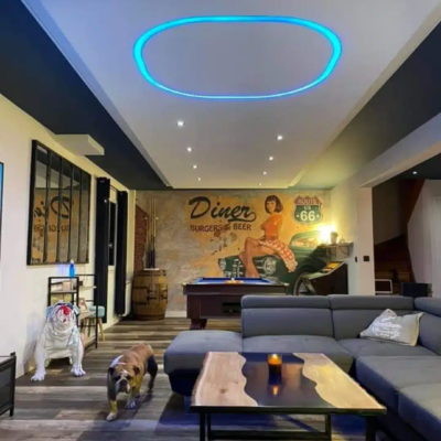 Salon moderne avec billard et fresque rétro américaine